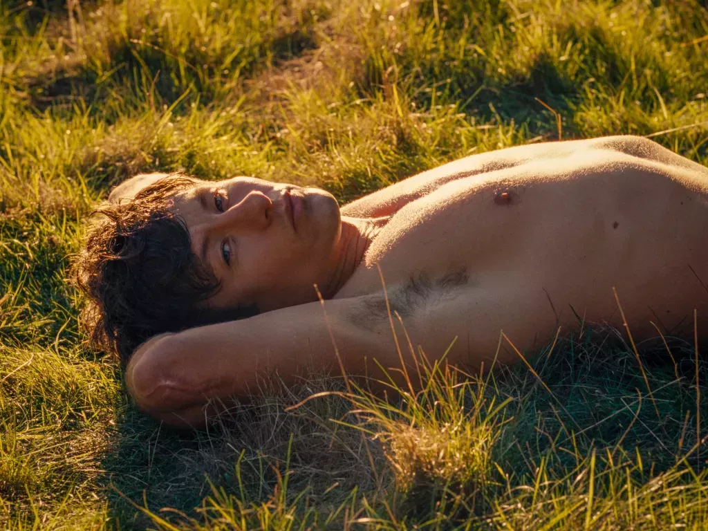 Barry Keoghan as Oliver in Saltburn, he's topless lying in the grass