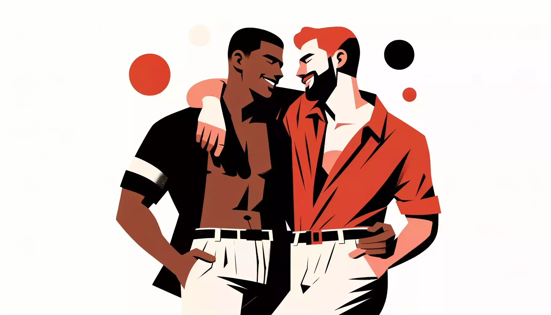 An illustration of a gay couple enjoying time together that conceptually represents gay date ideas and celebrates love within the LGBTQ+ community.