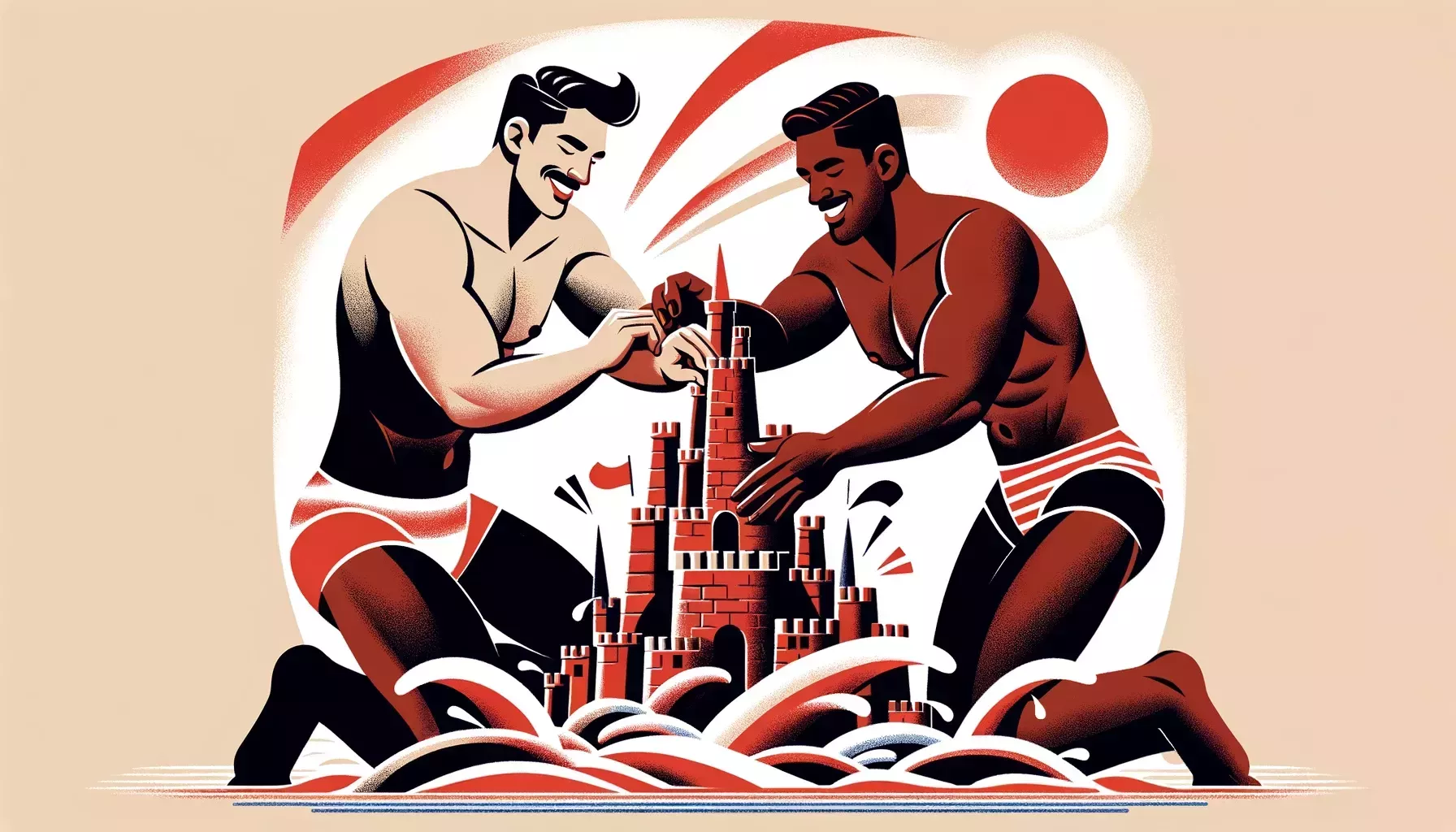 Two men on a beach date dressed in speedos are joyfully constructing an elaborate sandcastle together on the beach. The scene is stylized with a limited color palette of red, black, and white, capturing the essence of a cheerful beach day. 