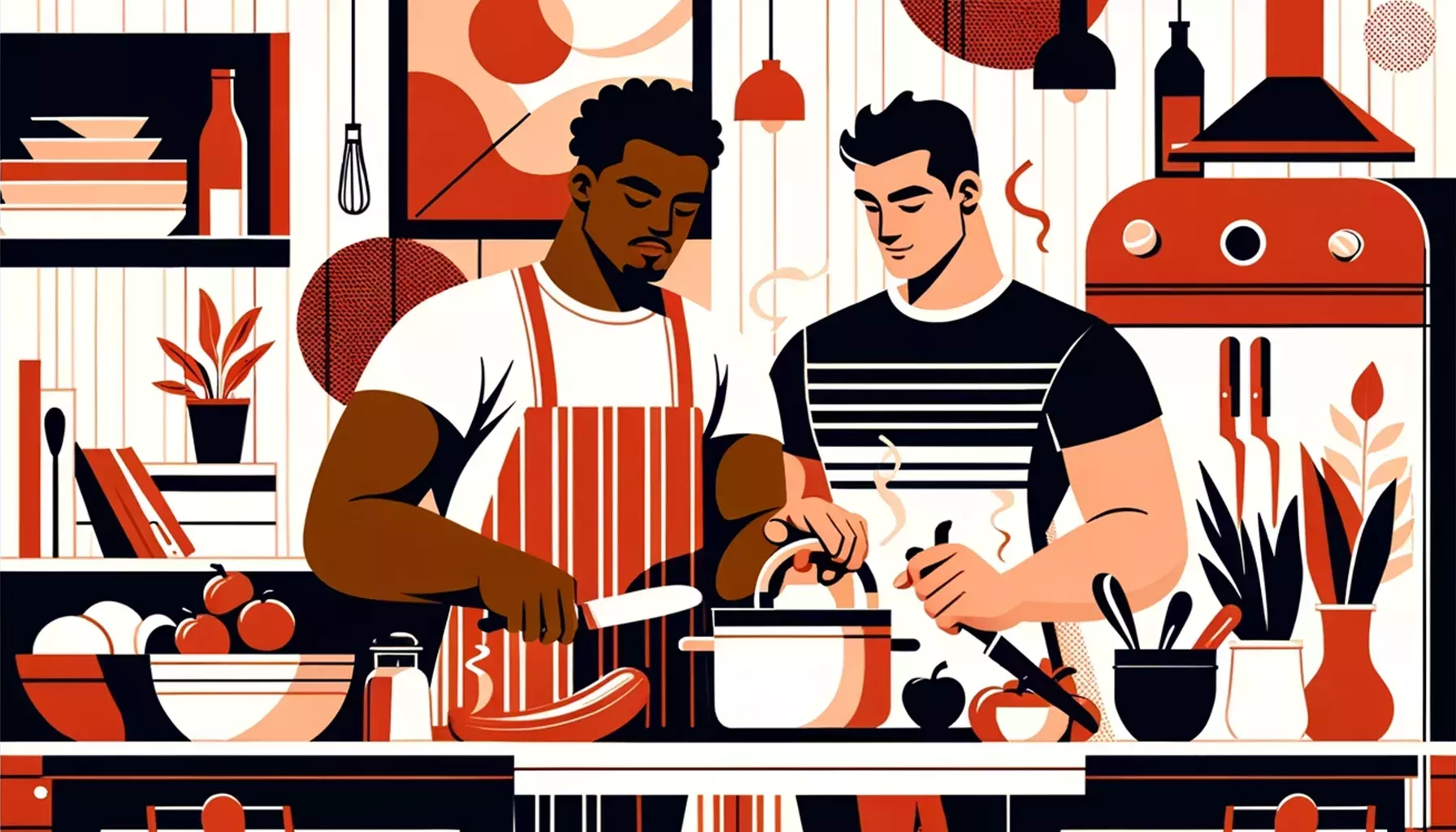 an illustration of two gay men participating in a cooking class at their home.