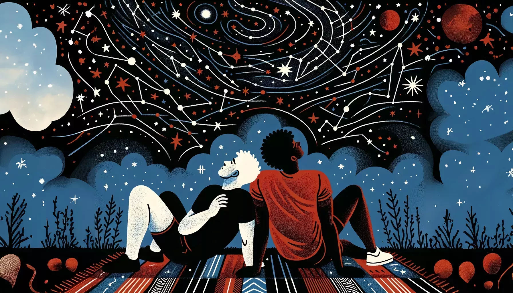 an illustration of two gay men on a date, engaging in a stargazing trip, reclining closely on a blanket with a backdrop of a vivid night sky rendered in abstract patterns. The stars and constellations are illustrated using a striking color palette of red, black, and white.
