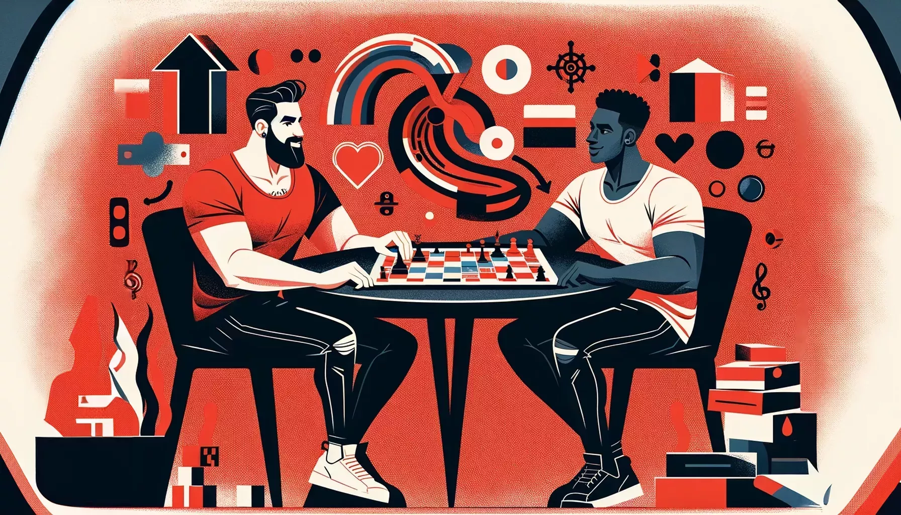 An illustration of two gay men enjoying a board game night together, sitting across from each other at a table. They are engaged in playing a board game, with expressions of focus and enjoyment.