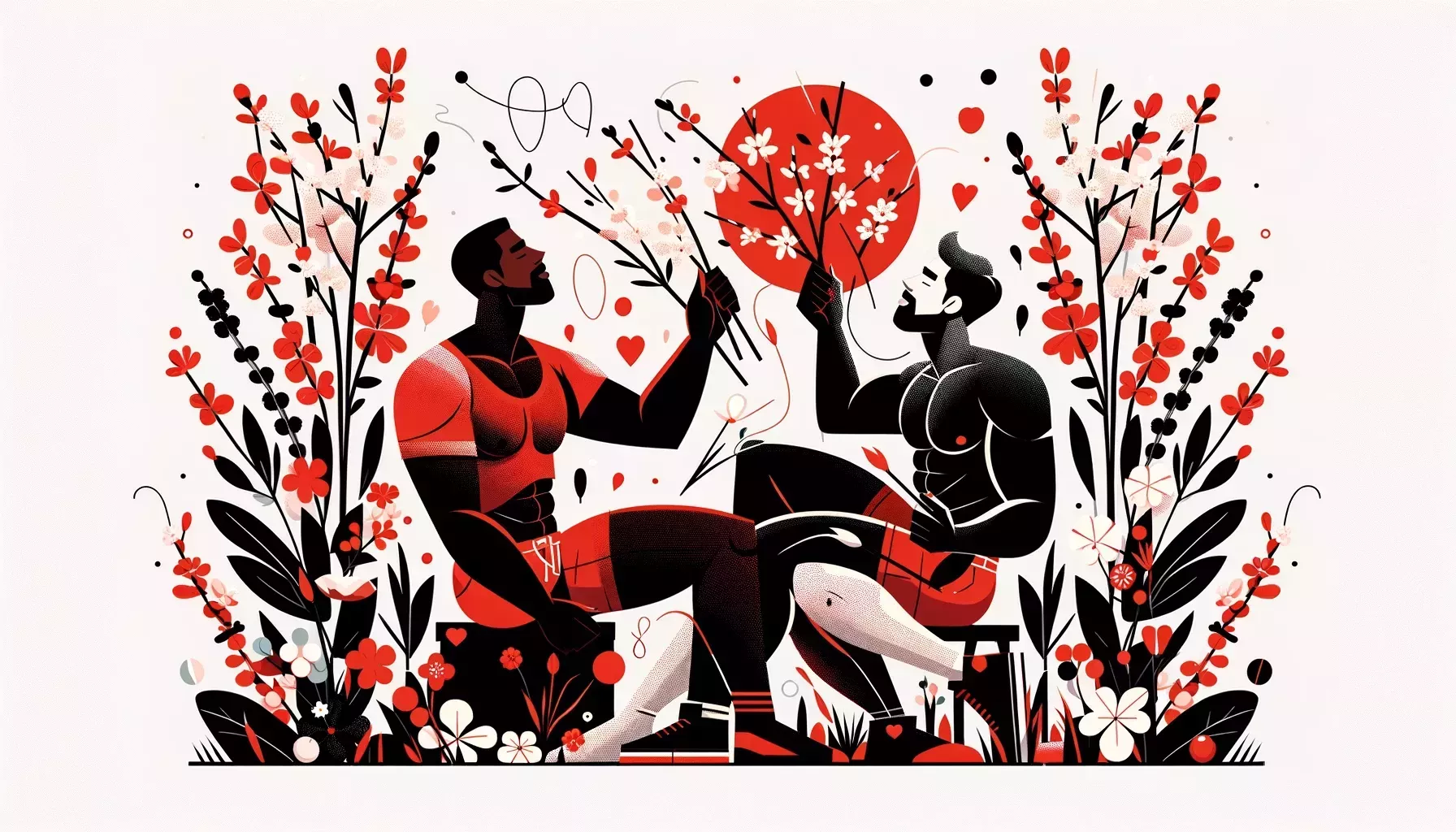 An illustration of two gay men enjoy a springtime date together, surrounded by blooming flowers and foliage.