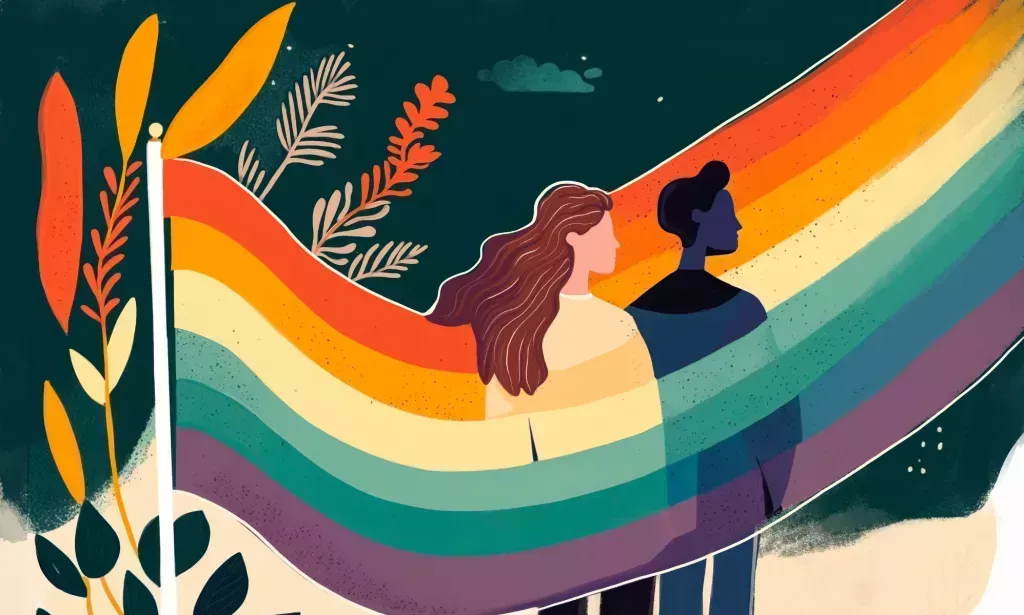 two illustrated woman standing inside a rainbow, illustrating the biromantic and bisexual sexuality spectrum
