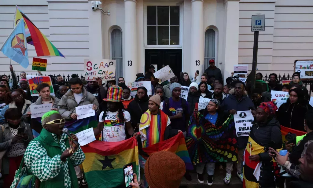 Dozens of LGBTQ+ people and allies gathered outside the Ghana High Commission in London to protest against an anti-LGBTQ+ bill passed by the African country's parliament