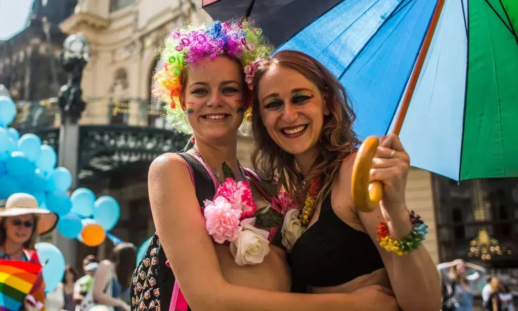 A Czech couple during a Pride event in Prague.