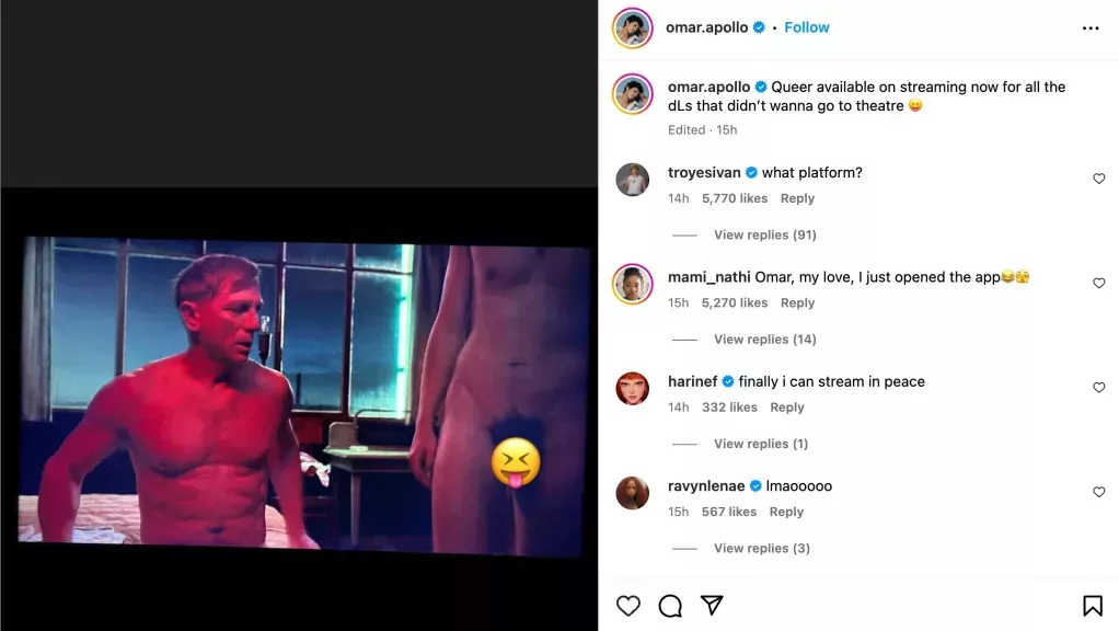 Una captura de pantalla tomada del Instagram de Omar Apollo mostrando su escena frontal en Queer.