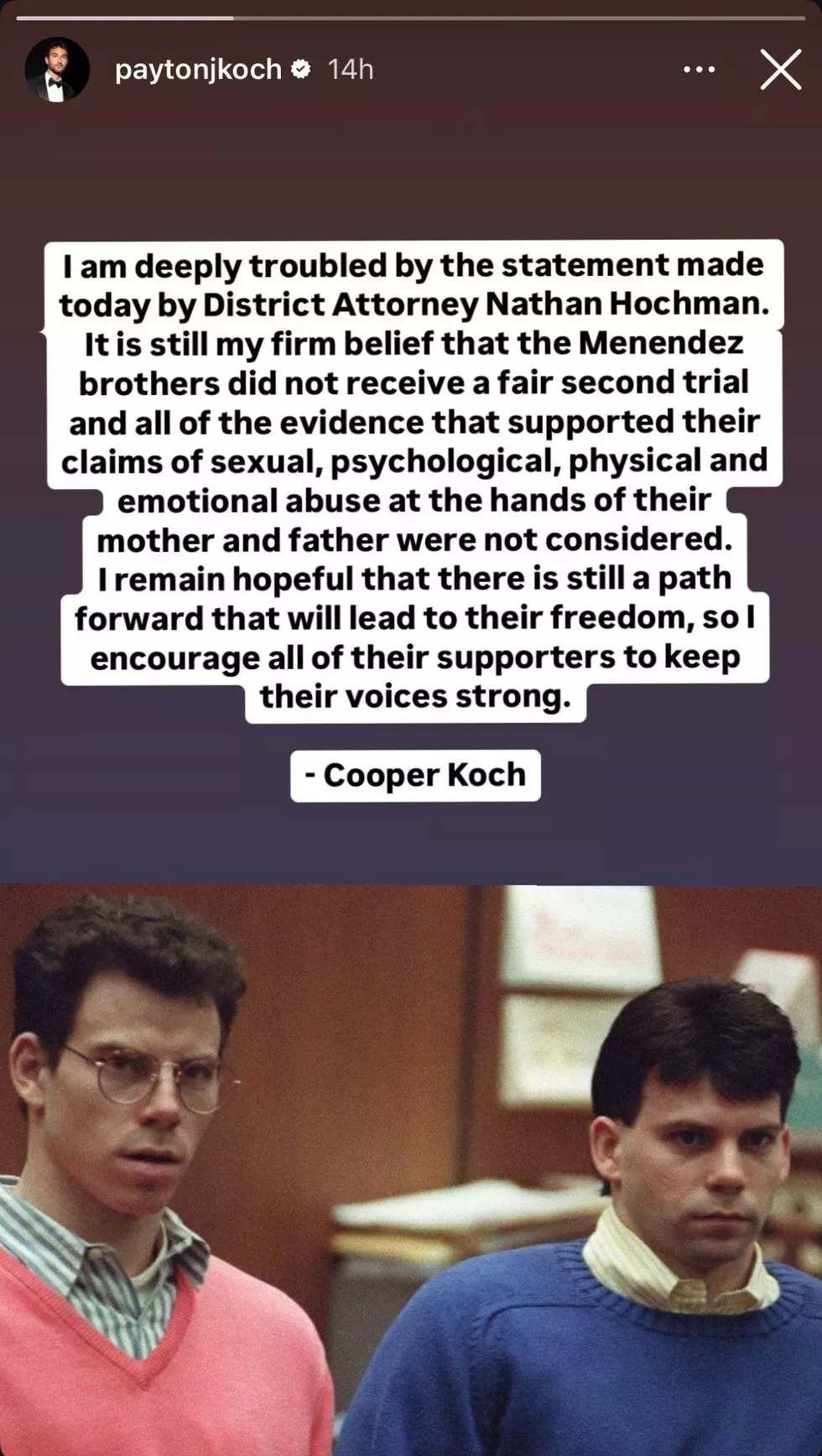 Declaración de Cooper Koch compartida a través de la historia de Instagram de Payton Koch.