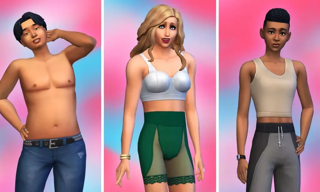 Una imagen promocional de tres personajes trans de The Sims mostrando las nuevas opciones personalizadas. A la izquierda, un hombre trans que muestra cicatrices de cirugía de pecho; en el centro, una mujer trans con ropa ajustada; y a la derecha, una mujer trans con un chaleco tipo binder.